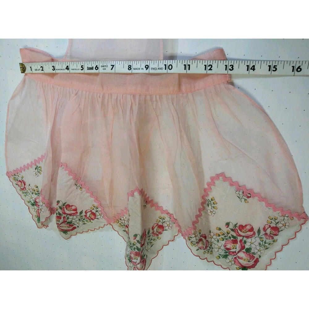 40s 50s Silk Organza Apron Mother Daughter Set Light Pink Red Roses Handkerchief - Picture 7 of 16